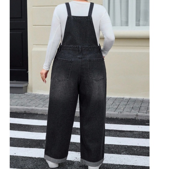 Plus Black Vintage Wash Adjustable Strap Wide leg Denim Jean Bib overalls - Picture 3 of 4
